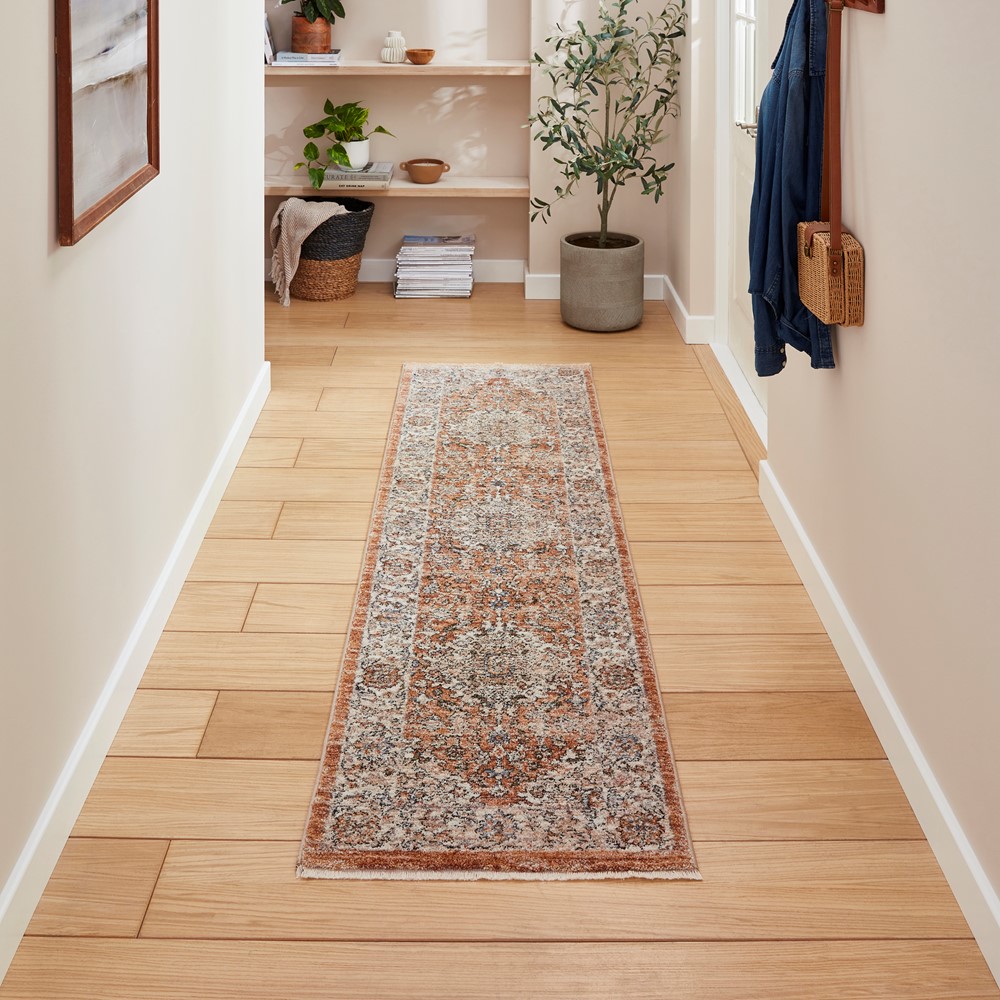 Vintage 35013 Traditional Medallion Border Runner Rugs in Terracotta Orange